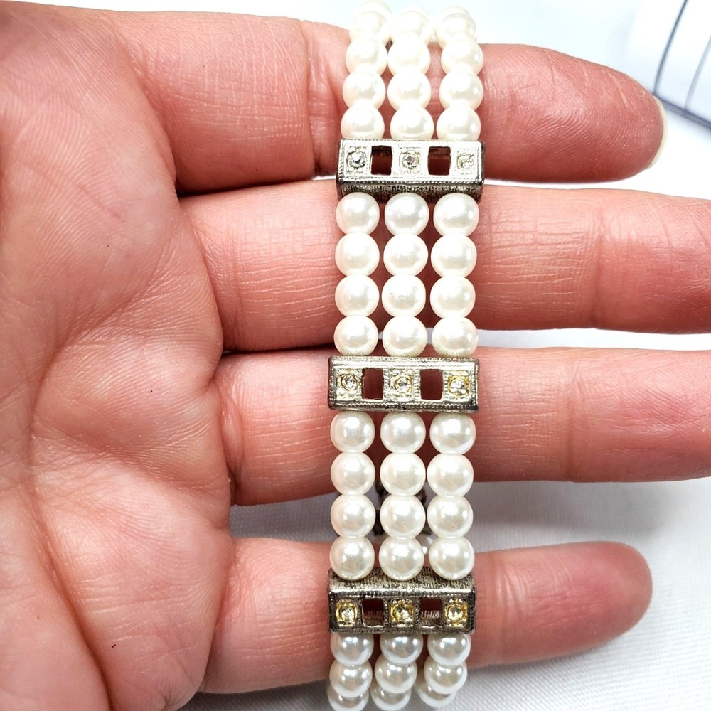 Vintage Faux Pearl & Rhinestone Multi-Strand Bracelet 7 Inches Silver-Tone